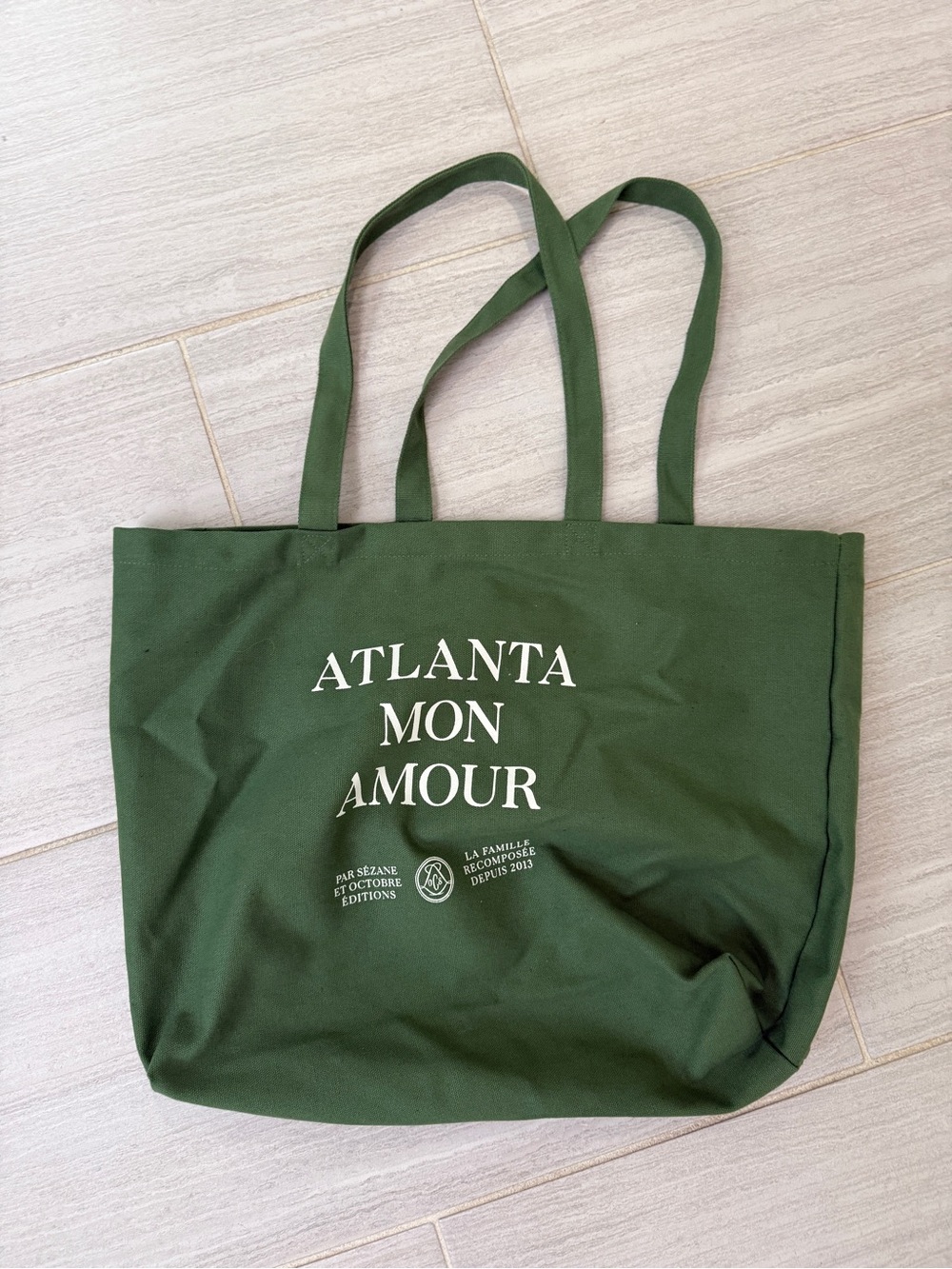 Sezane Atlanta Mon Amour Green Canvas Tote Bag